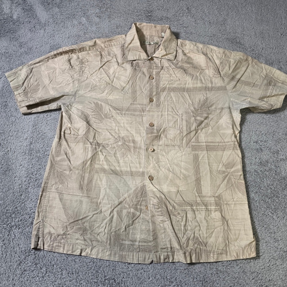 Batik Bay Mens Medium Shirt Tan Tropical Palm Leaf Short Sleeve Cotton Button Up